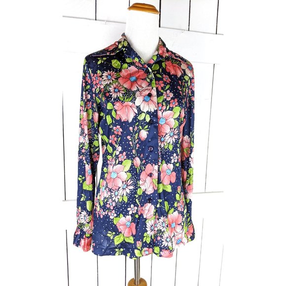 Vintage 70s blue pink floral silky lightweight long sleeve polka dot blouse - Picture 3 of 5